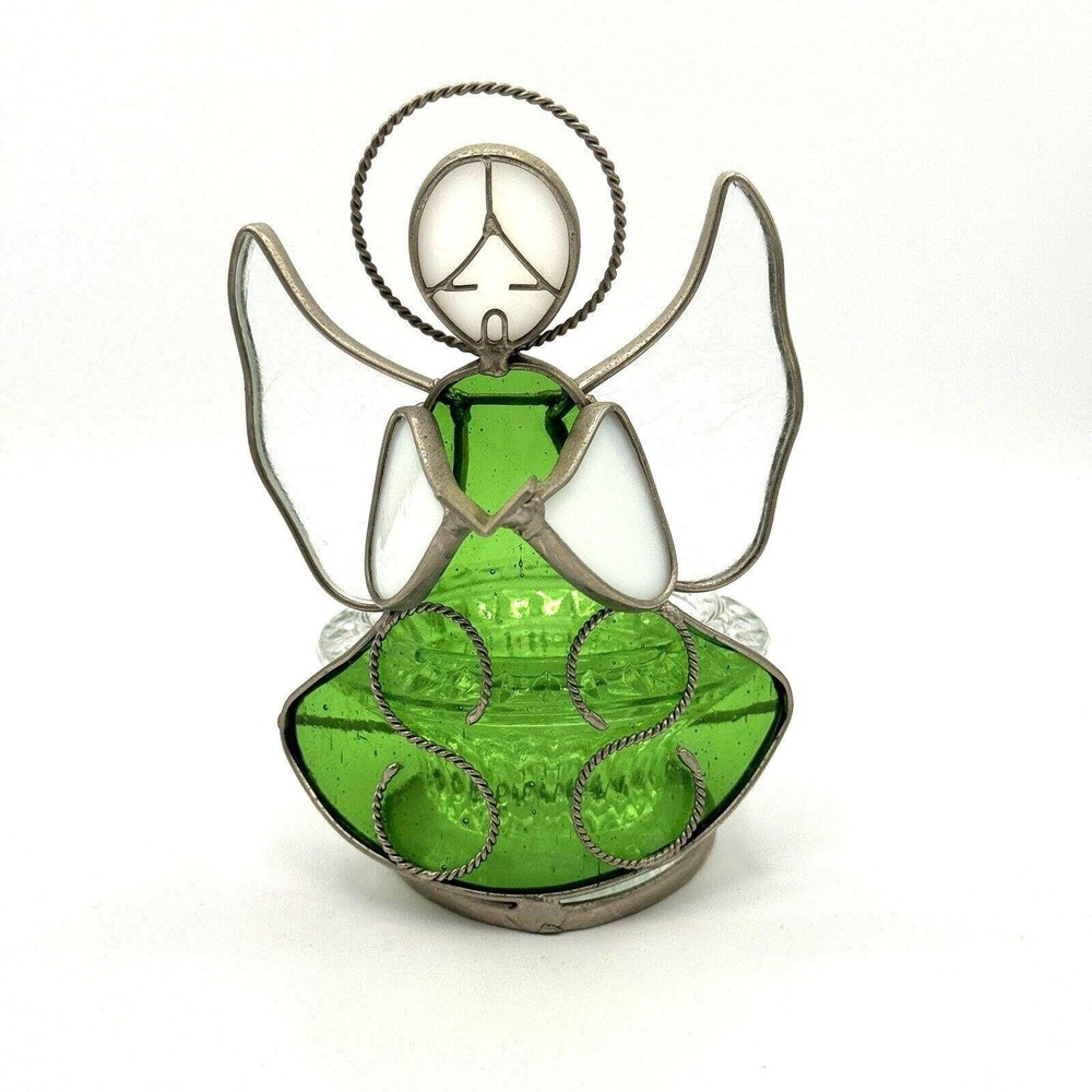 Vintage Green Glass Angel Tea Light Holder Frosted Wings Stained Glass Style 6"